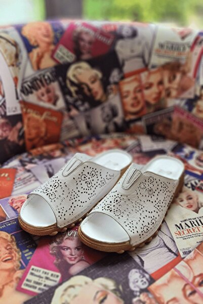İNZE AYAKKABI Eyebrow- White Genuine Leather Slippers