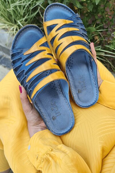 İNZE AYAKKABI Fethiye- Navy Blue Yellow Genuine Leather Slippers