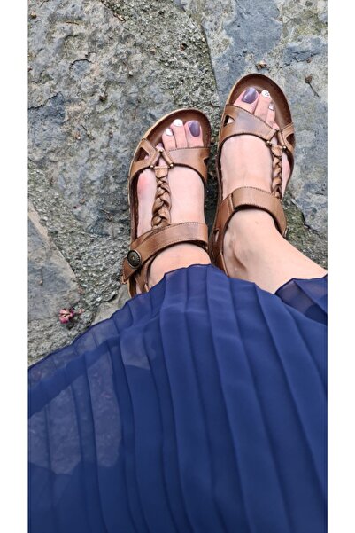 İNZE AYAKKABI Tan Braided Genuine Leather Sandals