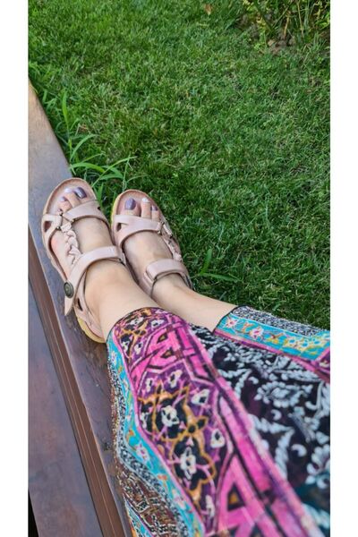 İNZE AYAKKABI Powder Pink Braided Genuine Leather Sandals - Model: Tulip