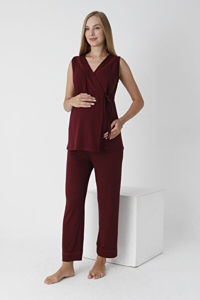 Miss Dünya Lissa طقم بيجامة بدون أكمام بتفاصيل دانتيل للحوامل والأمومة - ربطة...