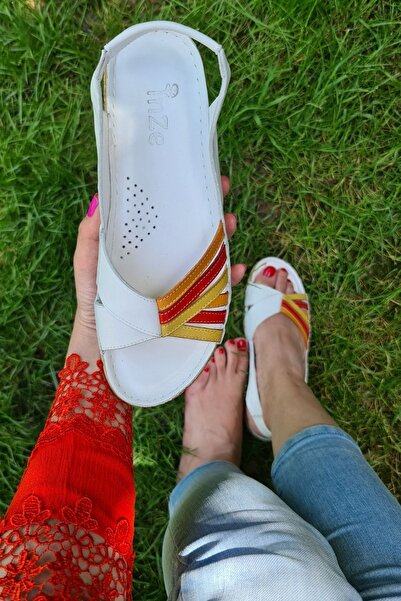 İNZE AYAKKABI Alaçatı- White Multicolored Genuine Leather Sandals