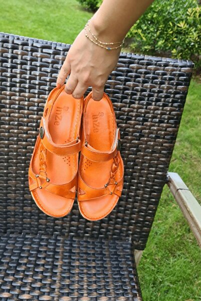 İNZE AYAKKABI Pomegranate Flower Pink Braided Genuine Leather Sandals