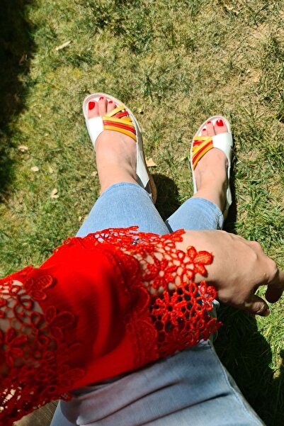 İNZE AYAKKABI Alaçatı- White Multicolored Genuine Leather Sandals