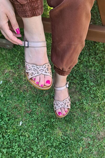 İNZE AYAKKABI Edremit- Powder Laser Genuine Leather Sandals