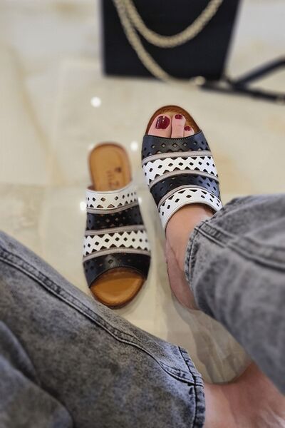 İNZE AYAKKABI Foça- White Multicolored Genuine Leather Slippers