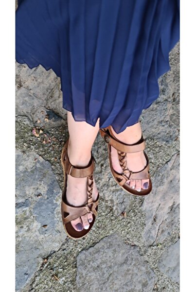 İNZE AYAKKABI Tan Braided Genuine Leather Sandals