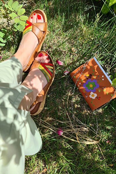 İNZE AYAKKABI Alaçatı- Tan Multicolored Genuine Leather Sandals