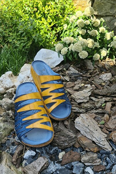 İNZE AYAKKABI Fethiye- Navy Blue Yellow Genuine Leather Slippers
