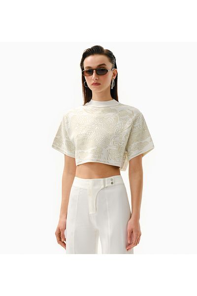 KNTLGY Beige Crop Knitwear Blouse - Women's, Fingerprint Jacquard, Short Sleeve
