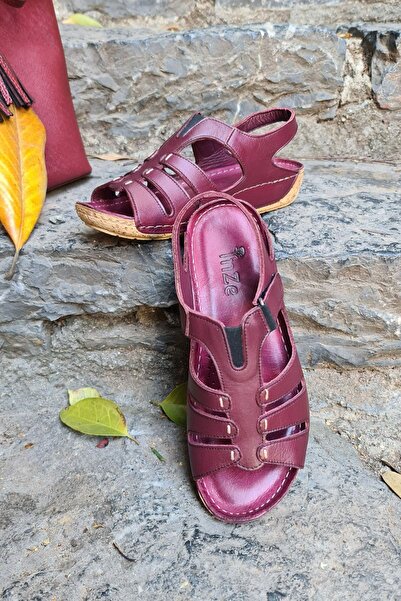 İNZE AYAKKABI Belt -burgundy Genuine Leather Sandals