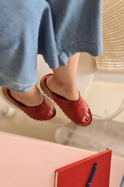 İNZE AYAKKABI Eyebrow- Red Genuine Leather Slippers