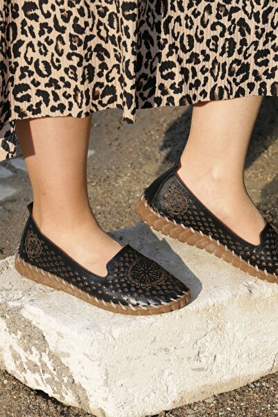 İNZE AYAKKABI Black Genuine Leather Ballerina Shoes