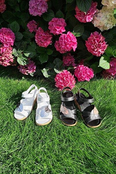 İNZE AYAKKABI Black Leaf Detailed Genuine Leather Sandals-model: Leaf