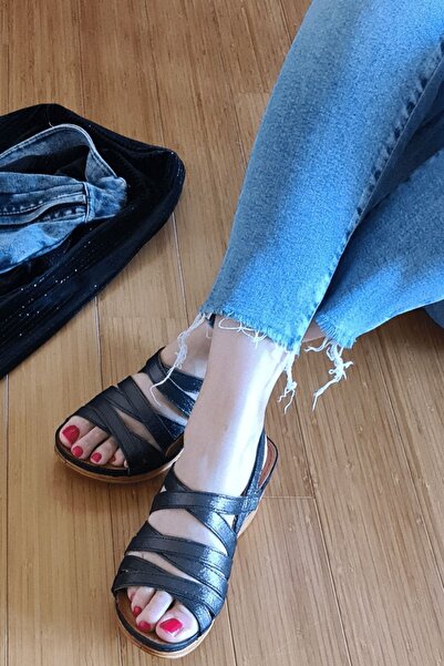 İNZE AYAKKABI Black Multi-Strapped Genuine Leather Sandals-model: Carnation