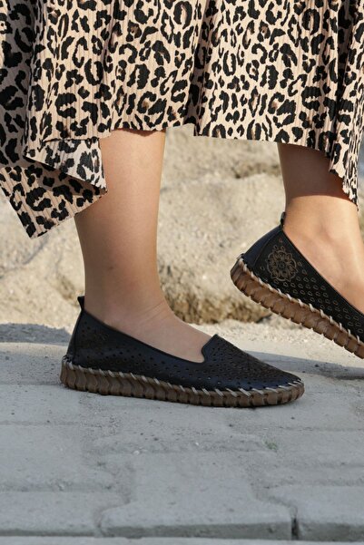 İNZE AYAKKABI Black Genuine Leather Ballerina Shoes