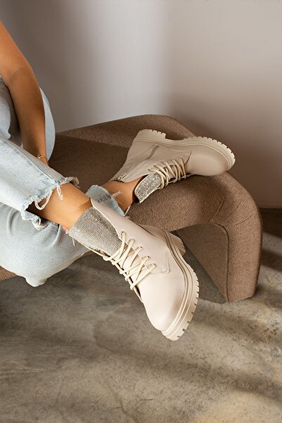 ICELAKE Roccioso Kadın Taşlı Detaylı Fermuarlı Kalın Taban Postal Bot