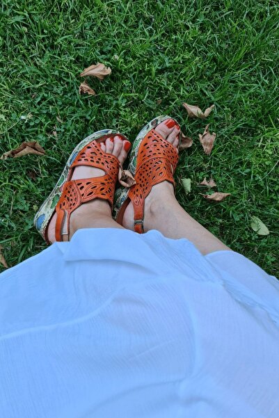 İNZE AYAKKABI Pomegranate Flower Laser Cut Genuine Leather Wedge Heel Sandals-model: Narcissus