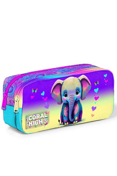 Yaygan Coral High Kids Pink Turquoise Elephant Patterned Two Compartment Pencil Bag 12083