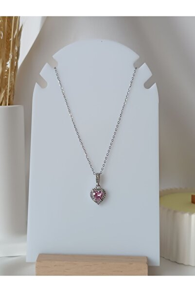 La fee aksesuar PANDORA CHARM -  PEMBE ZİRKON TAŞ KALP ÇELİK KOLYE