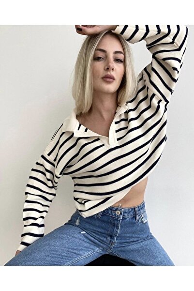 HB COLLECTİON Pulover cu dungi bej pentru femei