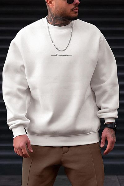 Millionaire Men's Off-White Cream Ecru Dreamer Printed 0 Crew Neck Oversize Loose Loose Fit Fleece Sweatshirt