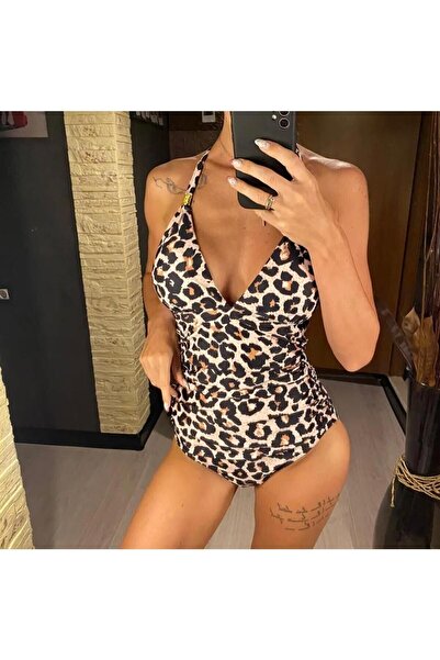 DESİGNEDBYD Kadın Backless V Yaka Sırtı Açık Toparlayıcı Pileli Mayo Beachwear