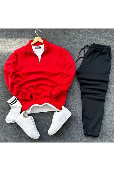 tetramoda Unisex 2-Piece Combination Red Half Zippered Cotton Sweatshirt and Sweatpants Set