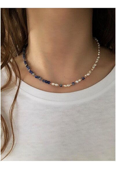 Serline Desing Kadın Doğaltaşlı Sodalit Ve Inci Tasarım Kolye