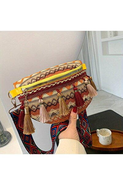 GoodieBox Tasarım Etnik Desenli Renkli Püsküllü Çapraz Bel Ve Omuz Çantası