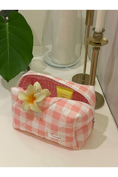 Pembe Pötikareli Panama Keteni Kumaş Düzenleyici Kozmetik Makyaj Çantası Süper Boy Ölçüler 22x10x13