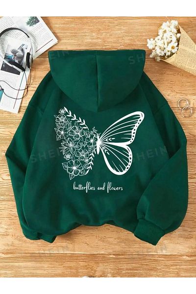 npLStore Зимен голям детски суитшърт - с качулка и шарка на пеперуди и цветя