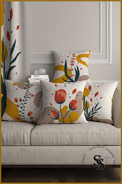 Saso Piros mustárvirág mintás digitális nyomtatású 4 részes bársony párnakészlet - krémszínű háttér