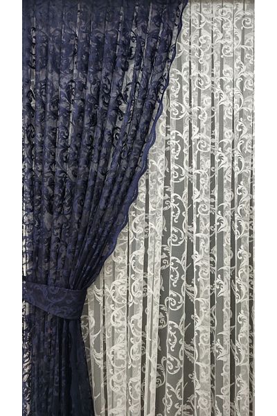 Art Perde Dark Navy Blue 2 Wing Tulle Background Curtain - Ivy Patterned Lace Up Model