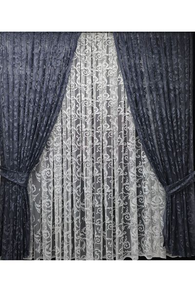 Art Perde Gray Ivy Patterned Tulle Background Curtain - Model with 2 Wings and Laces