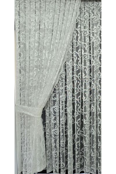 Art Perde 2 Wings White Ivy Patterned Tulle Background Curtain - Lace-up Model