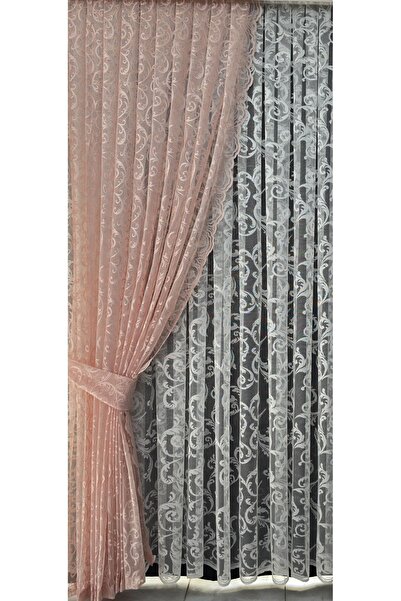Art Perde Κουρτίνα φόντου από τούλι με 2 πτερύγια - Πούδρα με μοτίβο κισσού με κορδόνια ροζ