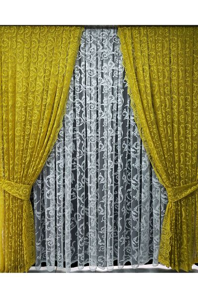 Art Perde Yellow Ivy Patterned Tulle Background Curtain - Model with 2 Wings and Laces