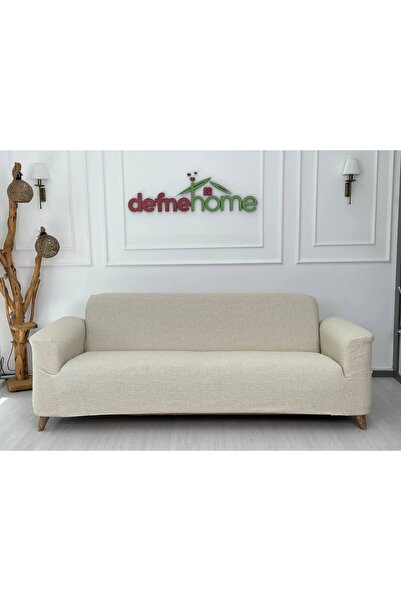 defnehome collection Döşemelik Kumaş Düz Keten Lastikli Kayma Yapmayan 3 Kişilik 1 Adet Büyük Kanepe Örtüsü Krem
