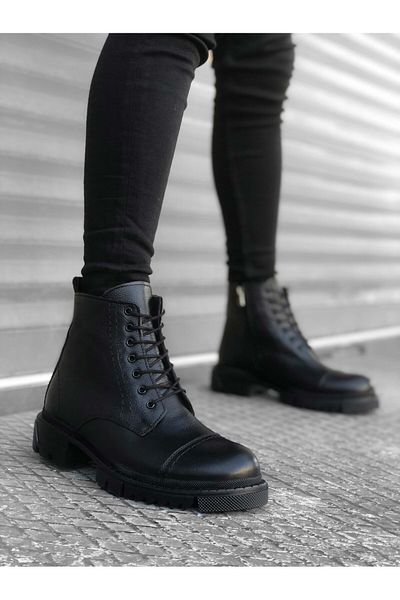 BOA BA0187 Inside and Outside Genuine Leather Black Men's Zippered Ankle Boots