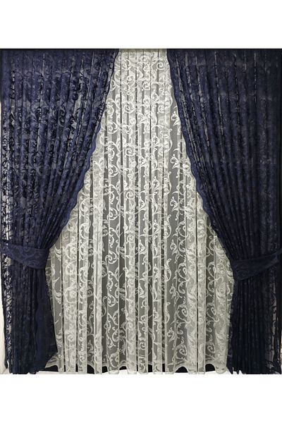 Art Perde Dark Navy Blue 2 Wing Tulle Background Curtain - Ivy Patterned Lace Up Model