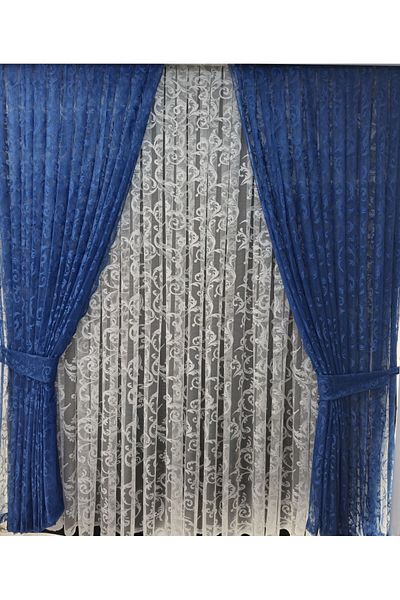 Art Perde Dark Blue Ivy Patterned Tulle Background Curtain - Model with 2 Sash Laces