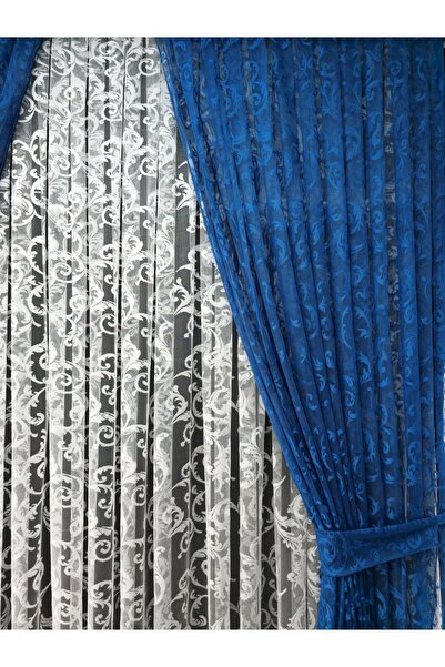 Art Perde Κουρτίνα φόντου από τούλι με μοτίβο σκούρο μπλε κισσό - Μοντέλο με 2 κορδόνια