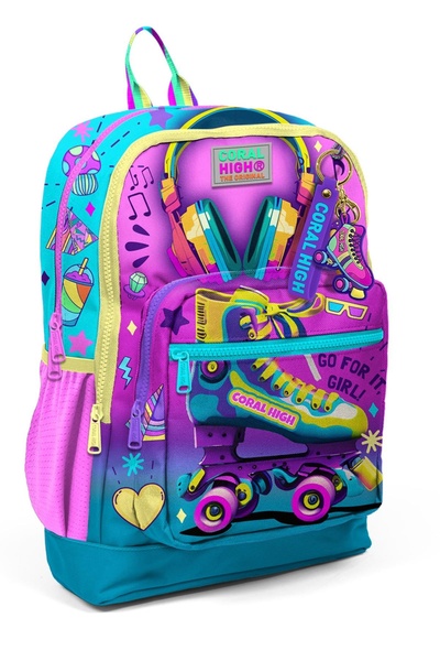 Yaygan Coral High Kids Pembe Turkuaz Kulaklık Paten Desenli Okul Sırt Çantası...