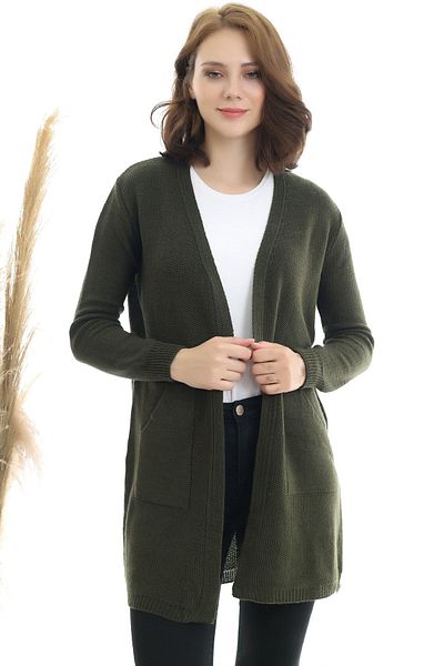Devinka Women's Khaki Kangaroo Pocket Knitwear Cardigan