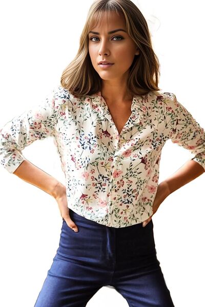 Cassime Kadın Pembe Çiçek Desenli Katlamalı Viskon Gömlek Düğmeli