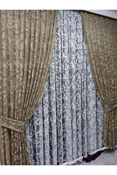 Art Perde Mink Ivy Patterned Tulle Background Curtain with 2 Blades and Laces