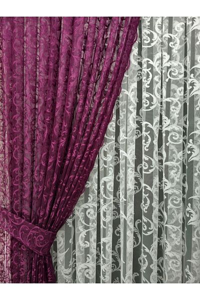 Art Perde 2 Winged Tulle Background Curtain - Lace Up Ivy Patterned Plum Model