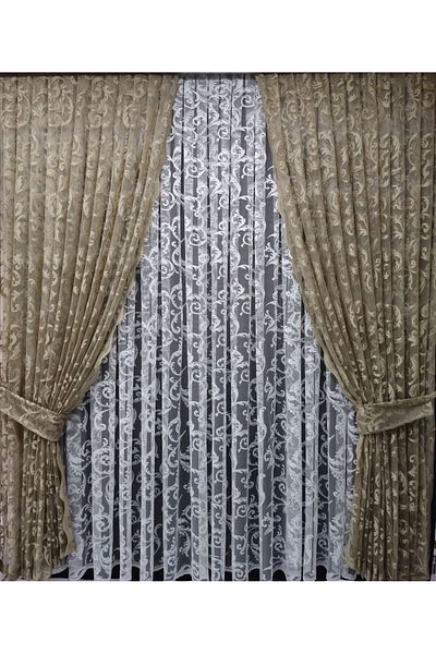 Art Perde Mink Ivy Patterned Tulle Background Curtain with 2 Blades and Laces