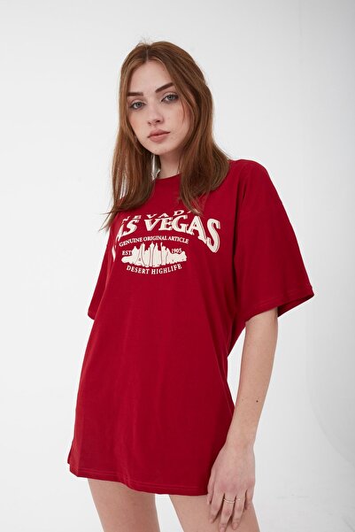 Mad&Calf Unisex Oversize Las Vegas Printed Red T-shirt